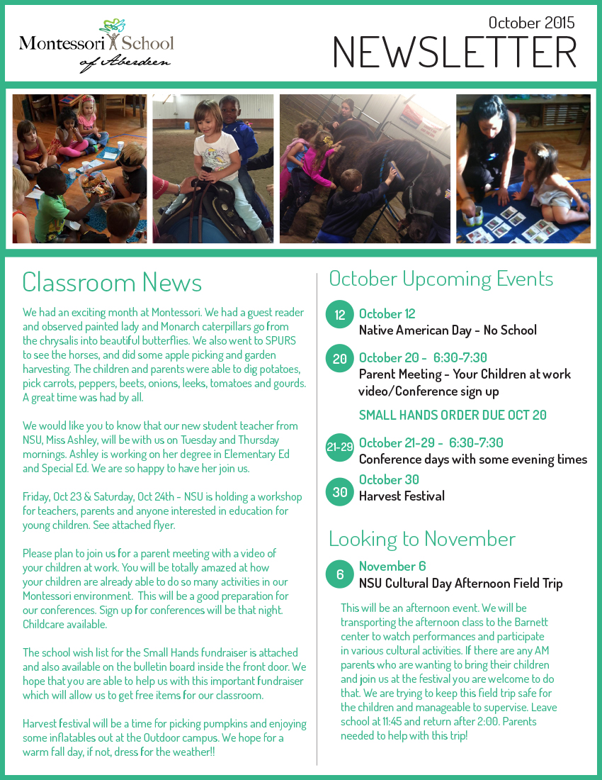 October Newsletter – Montessori School of Aberdeen, SD