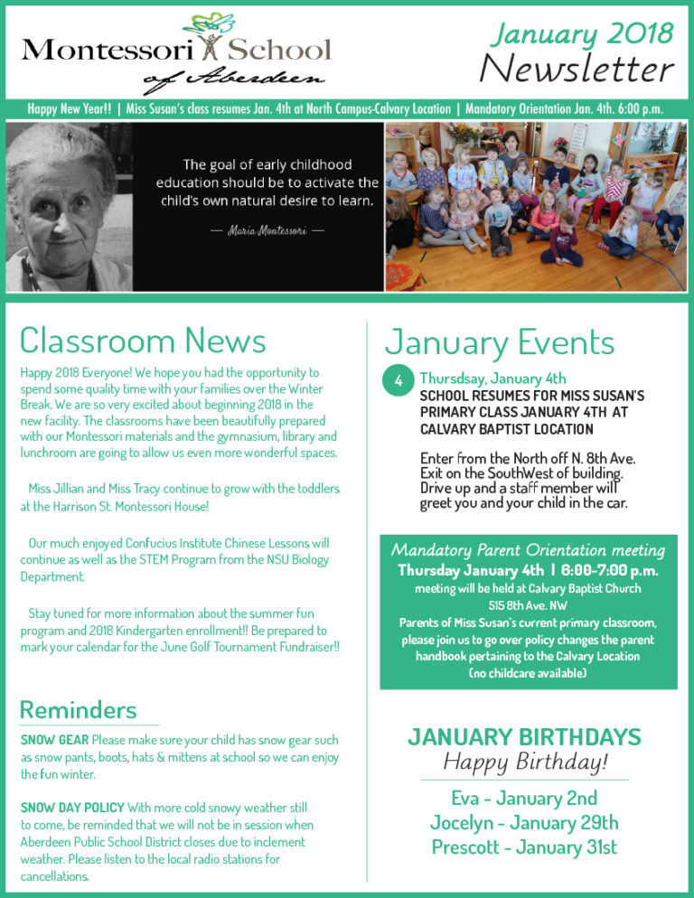 January 2018 Newsletter – Montessori School of Aberdeen, SD